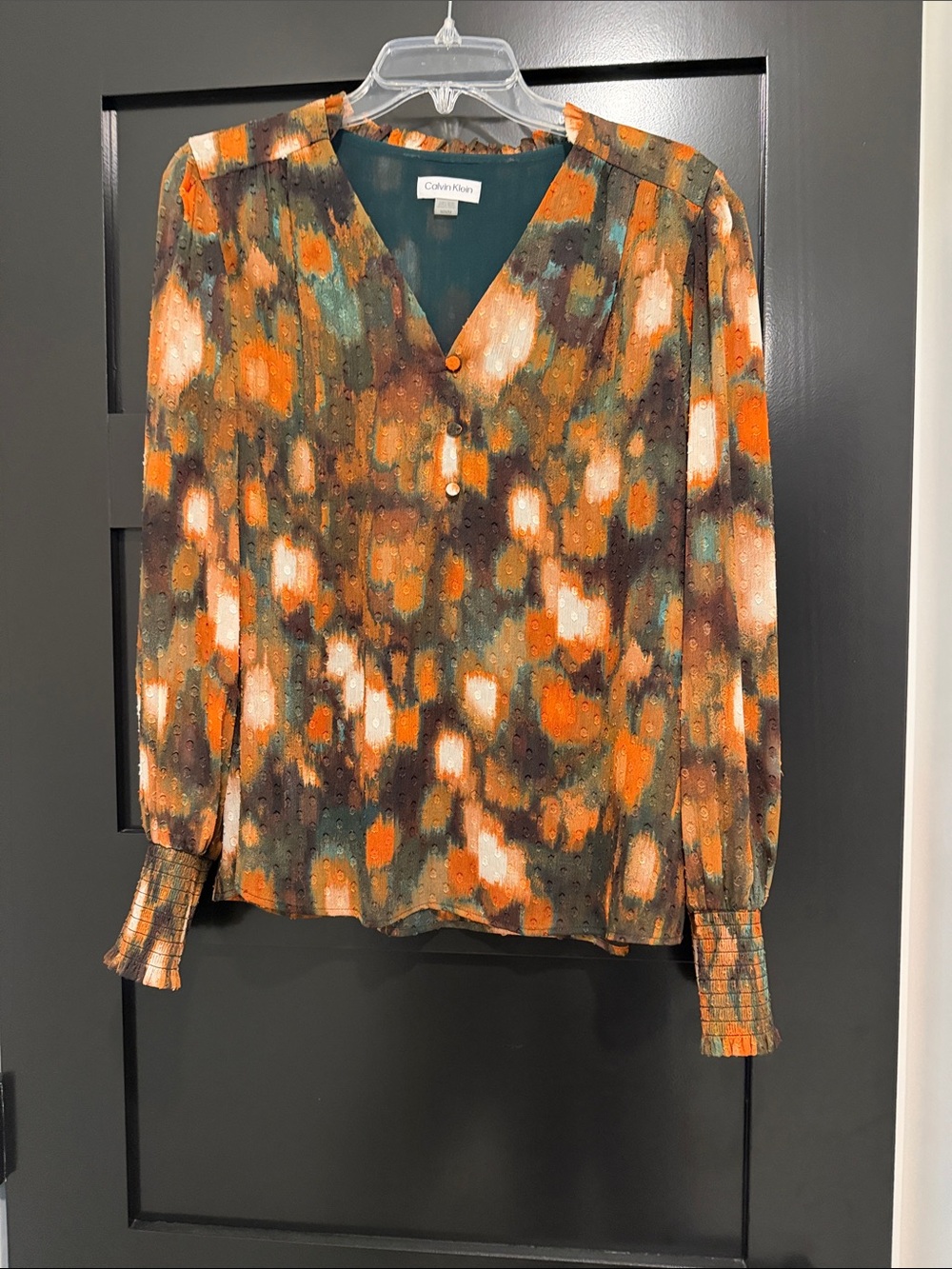 Calvin Klein V-Neck Long Sleeve Abstract Print Blouse in Orange, Brown & Teal